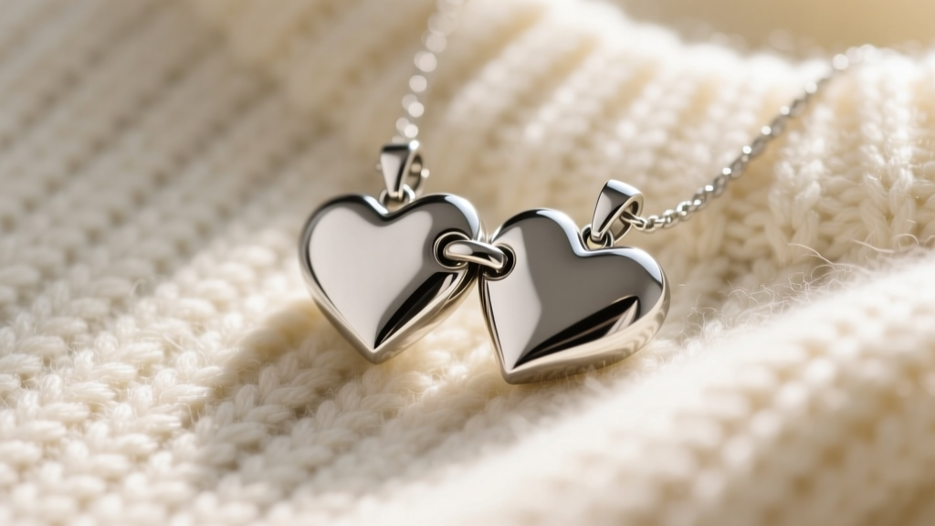 Close-up of interlocking magnetic stainless steel heart pendants resting on a soft cream knit sweater in warm natural light