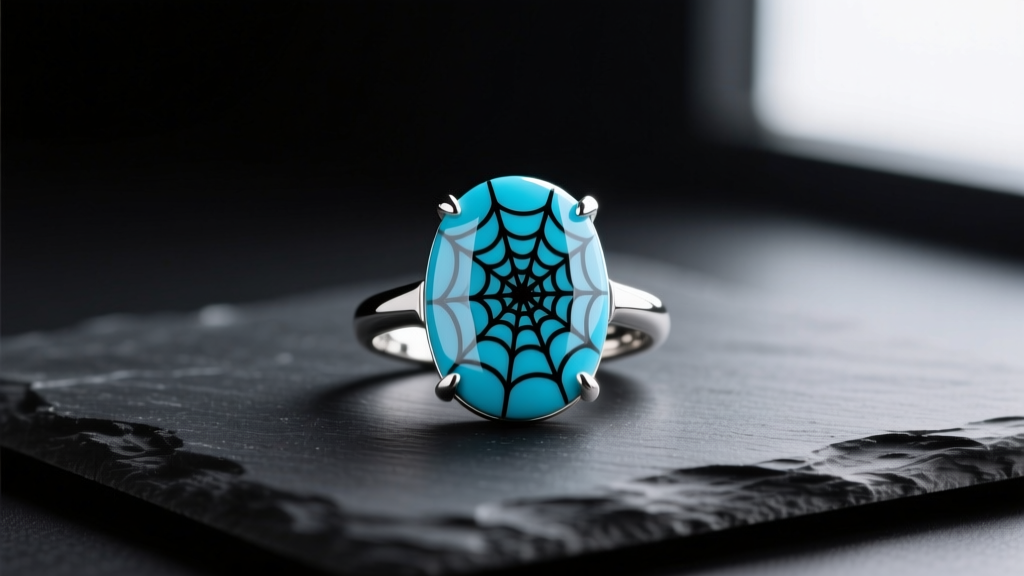 Vibrant blue Kingman turquoise cabochon in silver, featuring a distinct black spiderweb matrix pattern resting on dark slate.