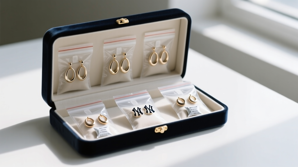 Open velvet box showing Yankees hoop earrings stored in individual anti-tarnish ziplock bags alongside small silica gel packets