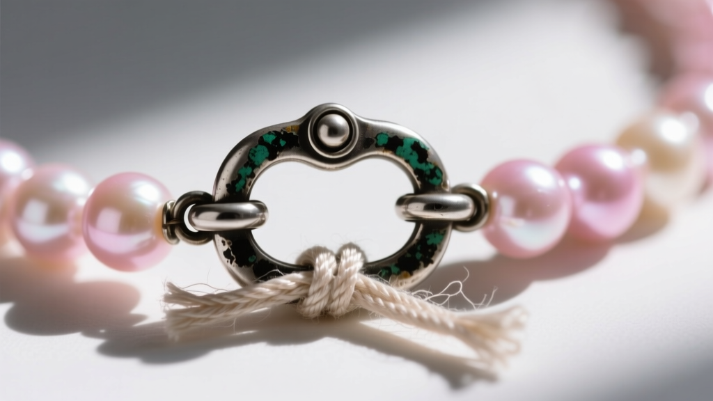Close-up of a tarnished silver clasp on a pink pearl necklace, showing dark oxidation near the jump ring and a frayed silk knot