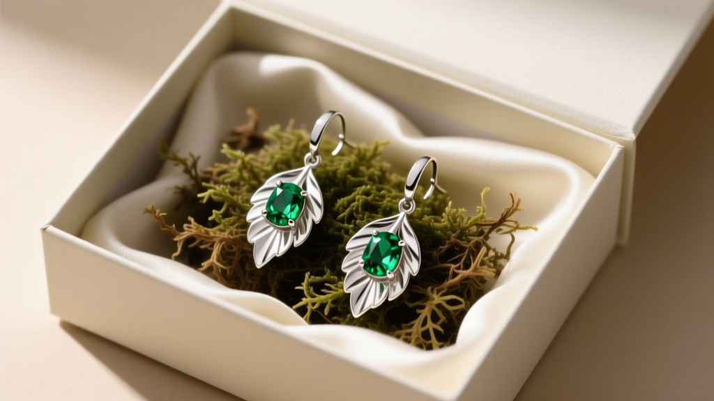 Silver leaf dangle earrings with peridot accents in an open gift box on dried moss and silk, photographed from a top-down angle.