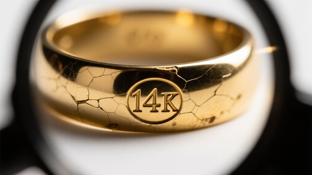 Macro loupe view of a 14K hallmark inside a worn gold band, showing wear and dark patina around the tiny engraved stamp letters.