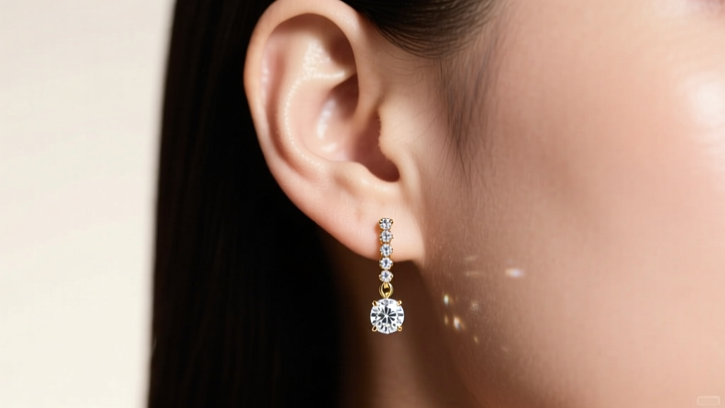 Elegant close-up of an ear wearing 14k white gold diamond chain earrings with a solitaire drop, soft studio lighting background.
