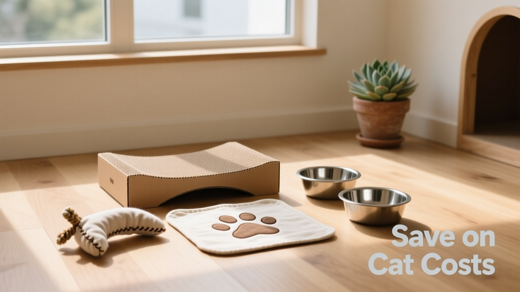 A tidy, minimalist cat space featuring a simple cardboard scratching pad, handmade fabric toy, reusable cloth food mat, and stainless steel bowls