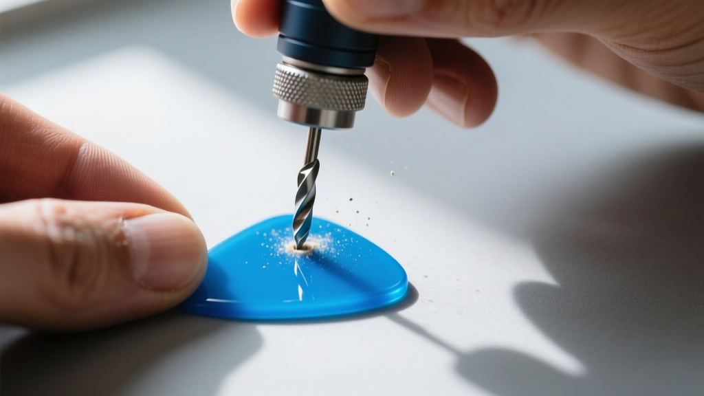 Hands using a flex-shaft rotary tool with a diamond bit to drill a small hole near the top edge of a blue Delrin guitar pick