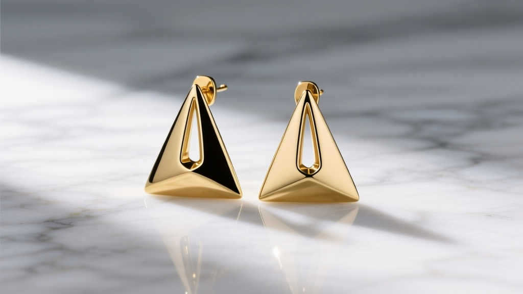 Gold-plated Bottega Veneta drop earrings on marble, showing smooth enamel finish and sculptural triangular shape.