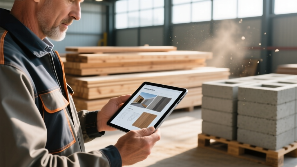 Contractor reviewing Glesby building material catalog on tablet in front of stacked structural lumber and masonry pallets
