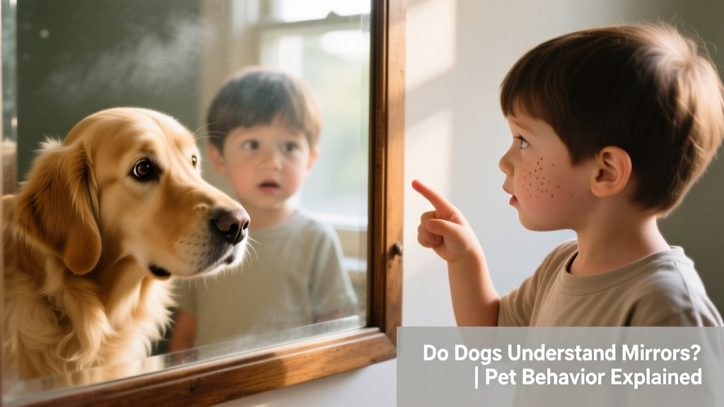 Side-by-side comparison: a dog sniffing a mirror versus a child pointing to a mark on their cheek while looking in a mirror