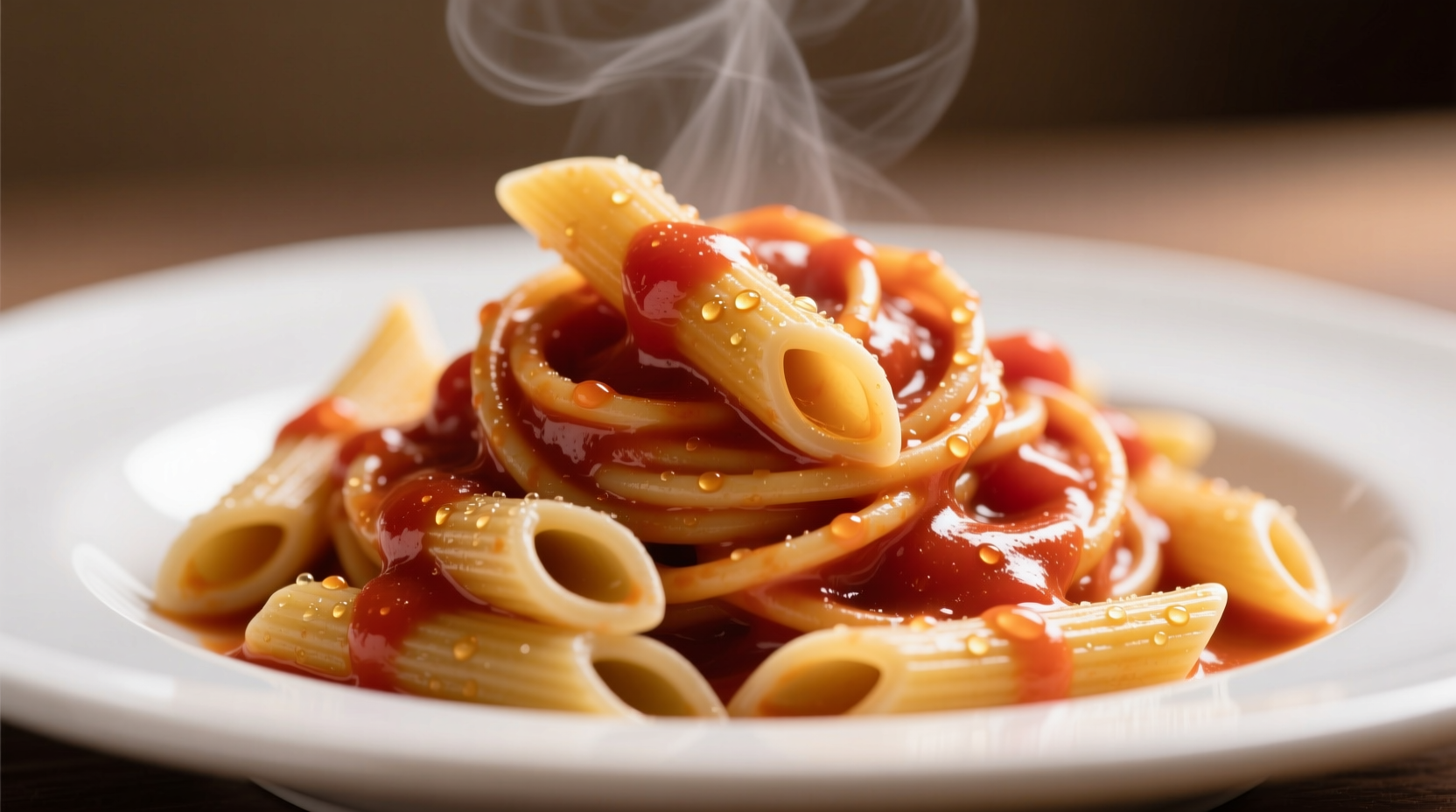 Creamy tomato sauce swirling around penne pasta