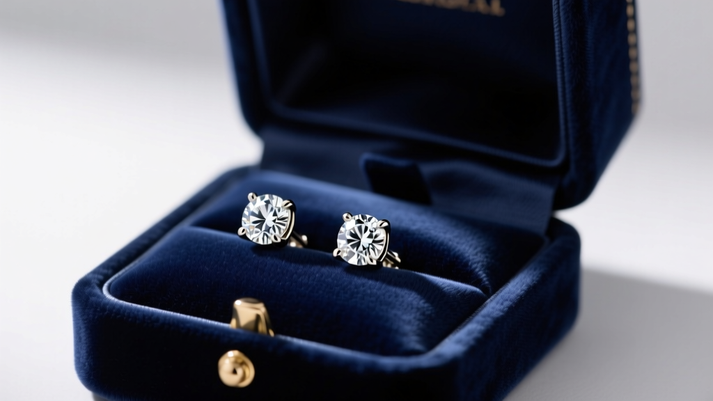 Navy velvet box showing 1/3 carat total weight diamond studs in 14k white gold martini settings under soft studio lighting