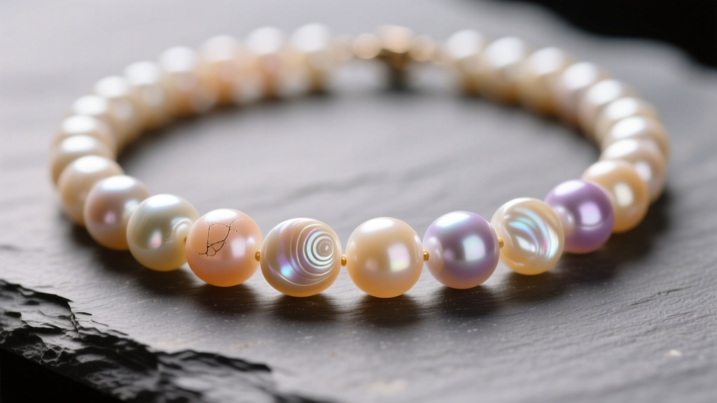 Macro view of a real natural pearl necklace on slate, showing minor blemishes and warm overtones under soft directional light