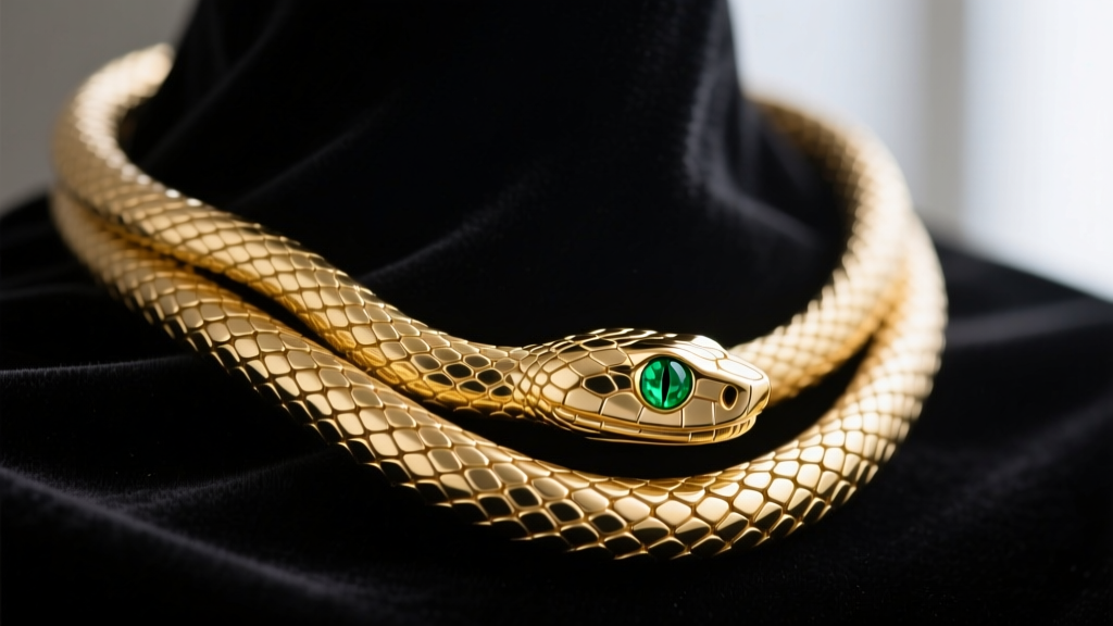 Close-up of articulated 14k gold snake necklace with emerald eyes draped over dark velvet, highlighting overlapping scale joints.