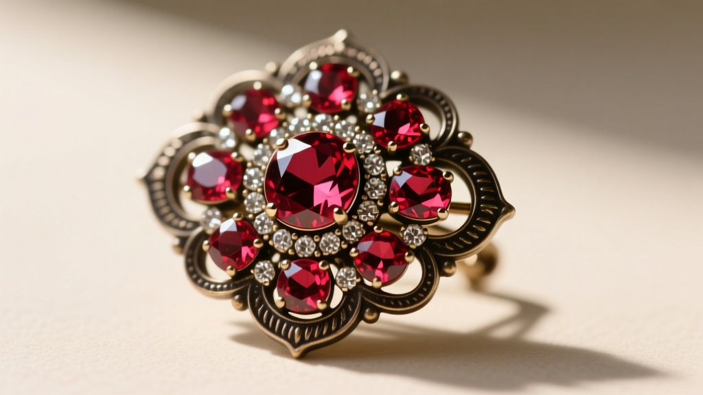Macro photography of a vintage-style brooch featuring foiled ruby-red rhinestones set in darkened pot metal with pave detailing.