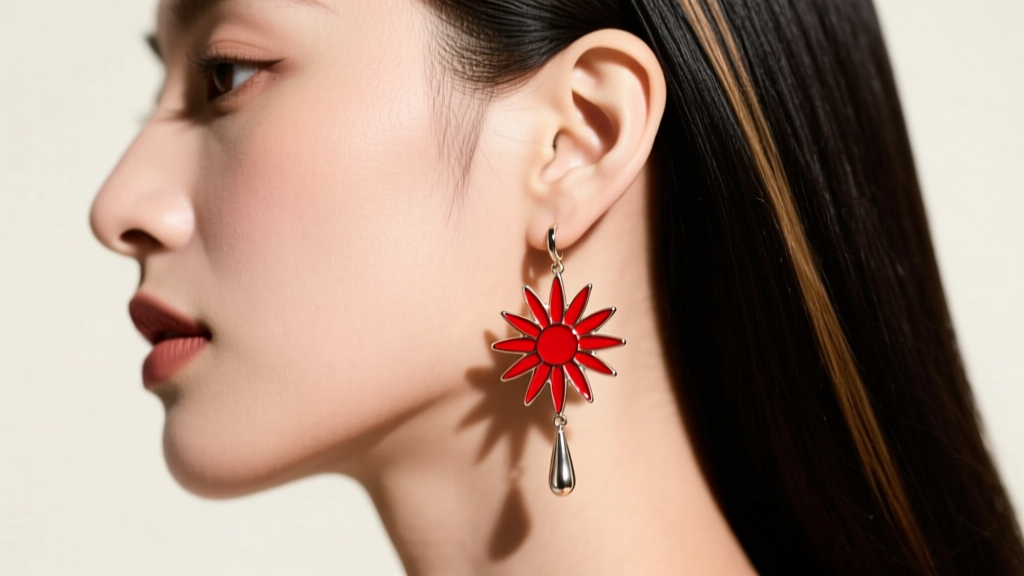 Side profile showing 50mm dangle Yoriichi earrings, highlighting the lightweight drop and vibrant red sunburst against dark hair