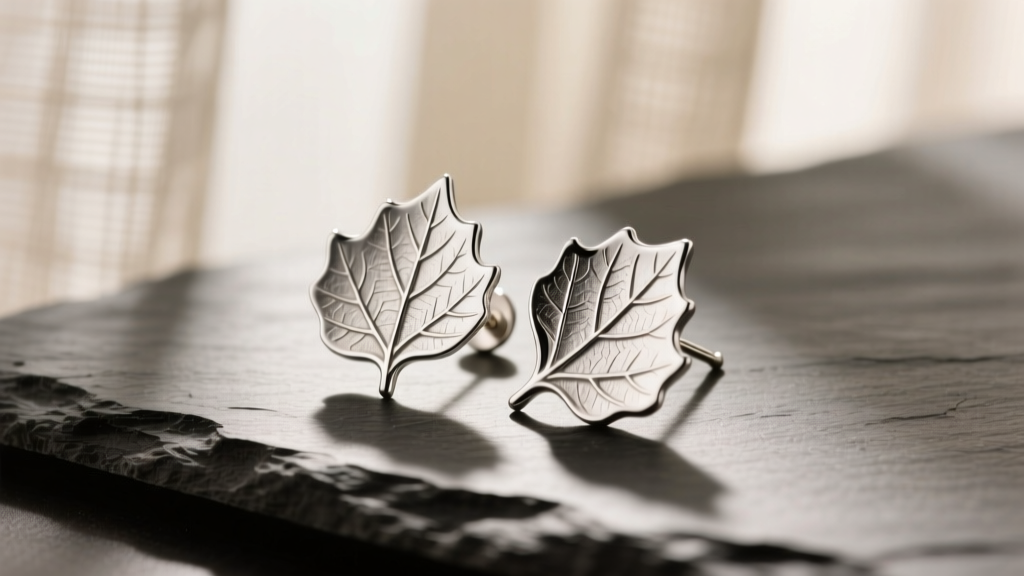 Silver aspen leaf earrings on slate, highlighting deep stamped veining and a 20-gauge post under soft, warm directional light.