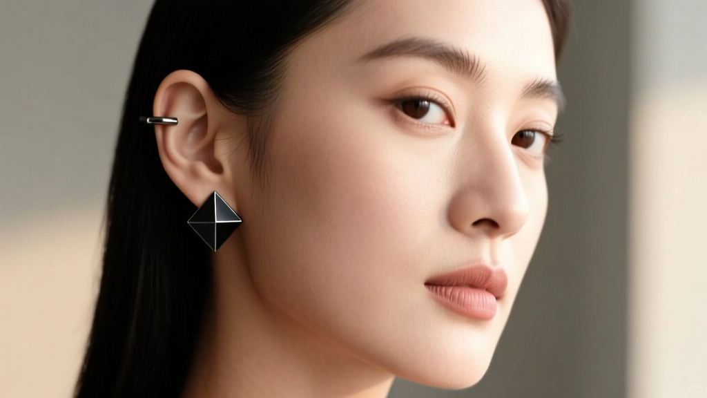 Profile of a woman wearing a discreet magnetic ear cuff on her upper cartilage, showing a minimalist matte black titanium finish