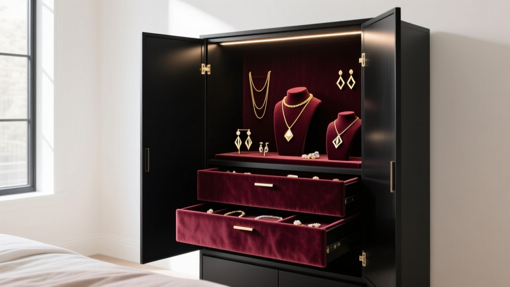 Sleek matte black contemporary jewelry armoire open in a minimalist bedroom, revealing velvet-lined drawers and LED lighting.
