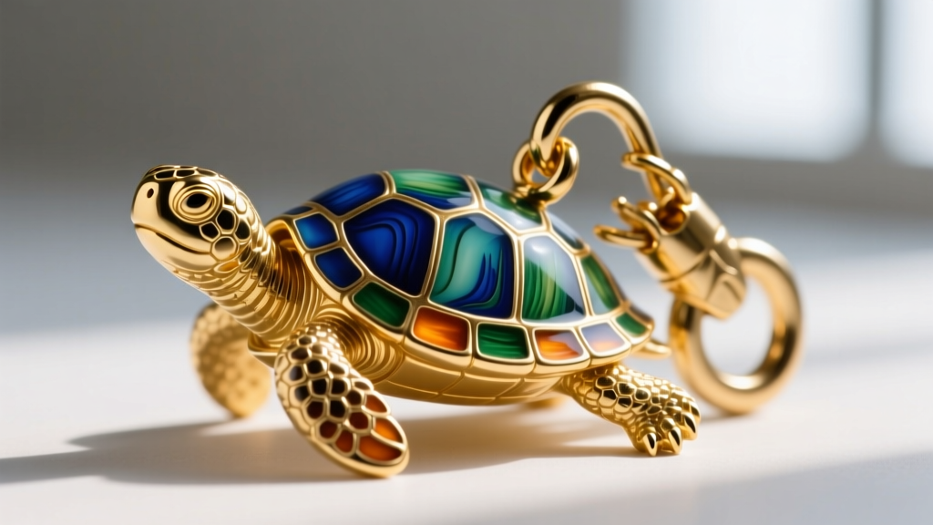 Macro shot of a gold-plated Michelangelo turtle pendant showing vitreous enamel detailing and a heavy-duty chain lobster clasp.