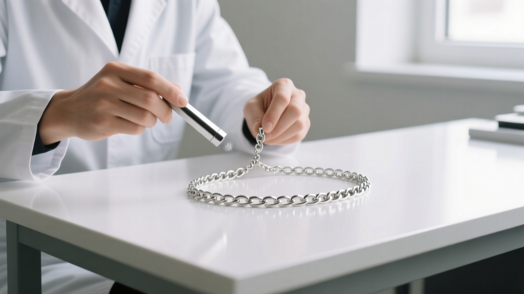 Jeweler using a neodymium magnet to test the authenticity of an s925 silver chain necklace over a clean white workbench surface
