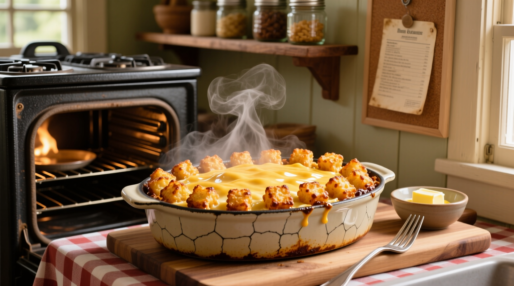 Golden brown tater tot casserole fresh from oven