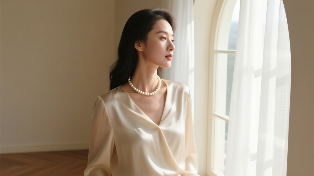 Woman wearing a pat pearl necklace over a cream silk blouse, bathed in soft window light to highlight the antique matte finish.