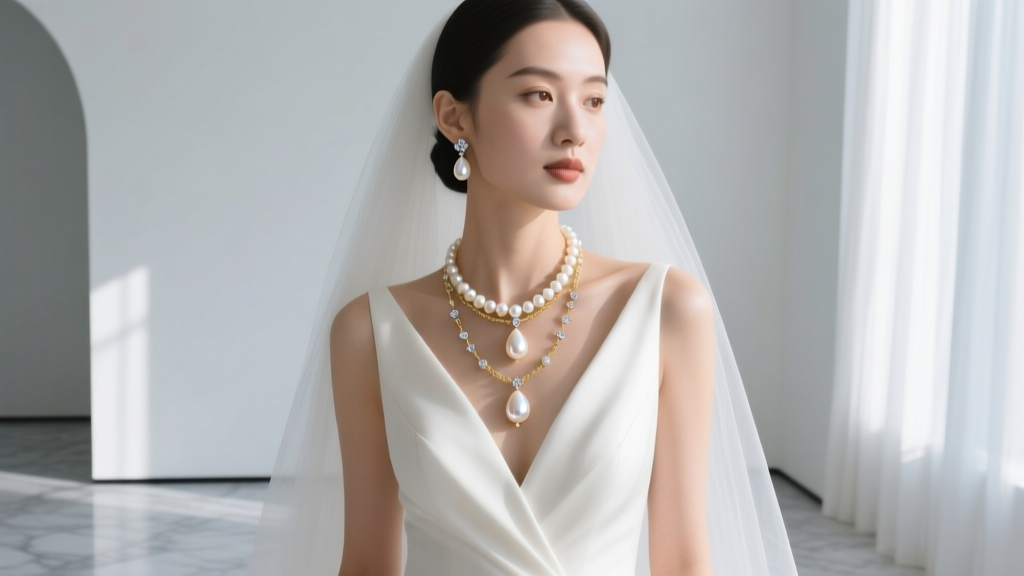 Bride in V-neck gown wearing a cascading pearl bridal jewelry set featuring teardrop South Sea pearls and small diamond accents
