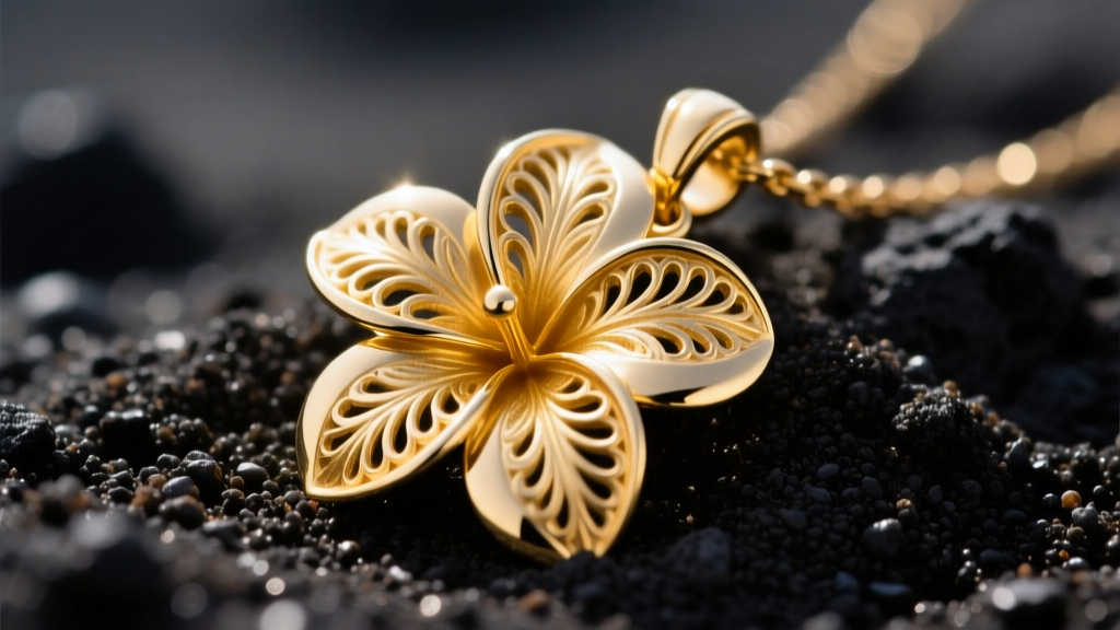 Close-up of a 14k gold Hawaiian plumeria pendant on dark volcanic sand, sunlight highlighting hand-engraved petal details.