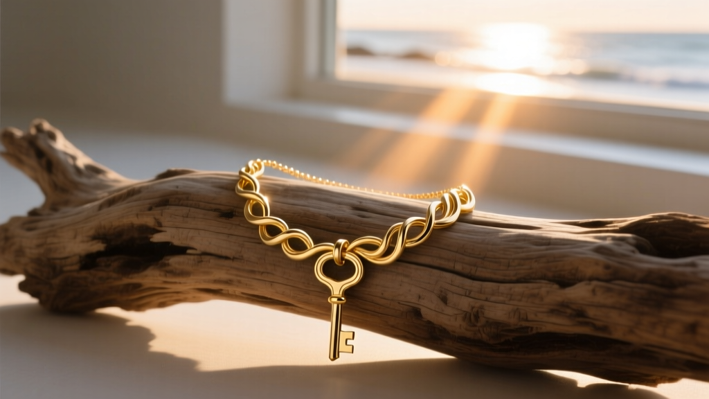 A gold vermeil Juliette Siesta key necklace resting on weathered driftwood, illuminated by soft, warm coastal morning sunlight.