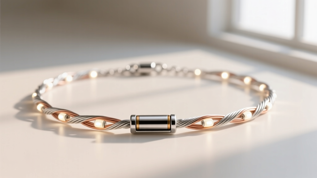 Macro shot of a silver-plated copper wire necklace showing tiny LED nodes and a discreet magnetic clasp housing a micro battery