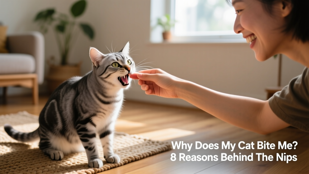 Gray tabby cat gently play-biting a human's hand during interactive play