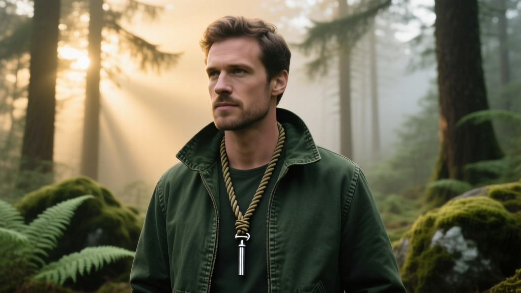 Man wearing a 24-inch chest-length paracord necklace with a metal ferro rod over a dark green canvas jacket in the dense woods.