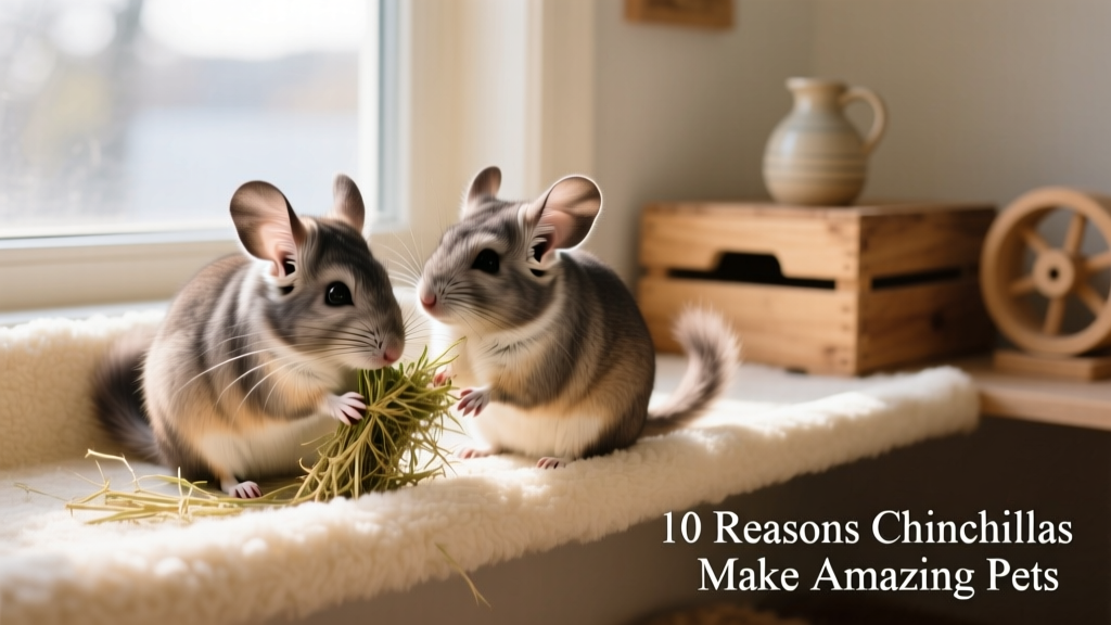 Two chinchillas sitting side by side on a fleece-lined shelf, one gently nibbling hay while the other grooms its companion’s ear