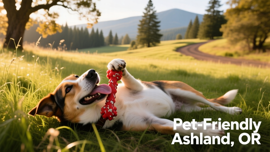 A happy dog lying on its back with a toy in its mouth, relaxed in a sun-dappled grassy area