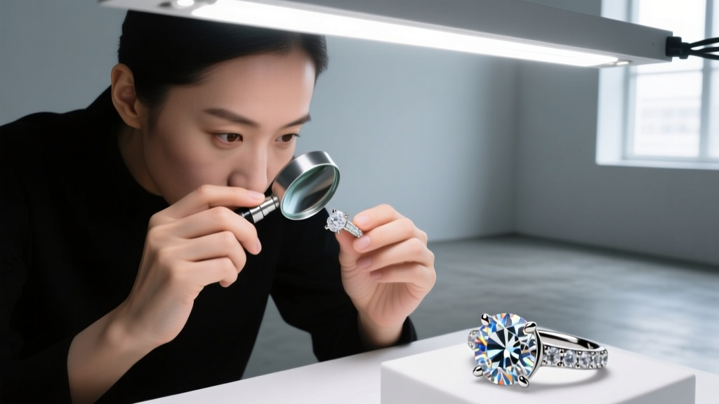 Jeweler using a 10x loupe to inspect diamond pavé prongs under bright LED light, checking for looseness before ultrasonic bath.