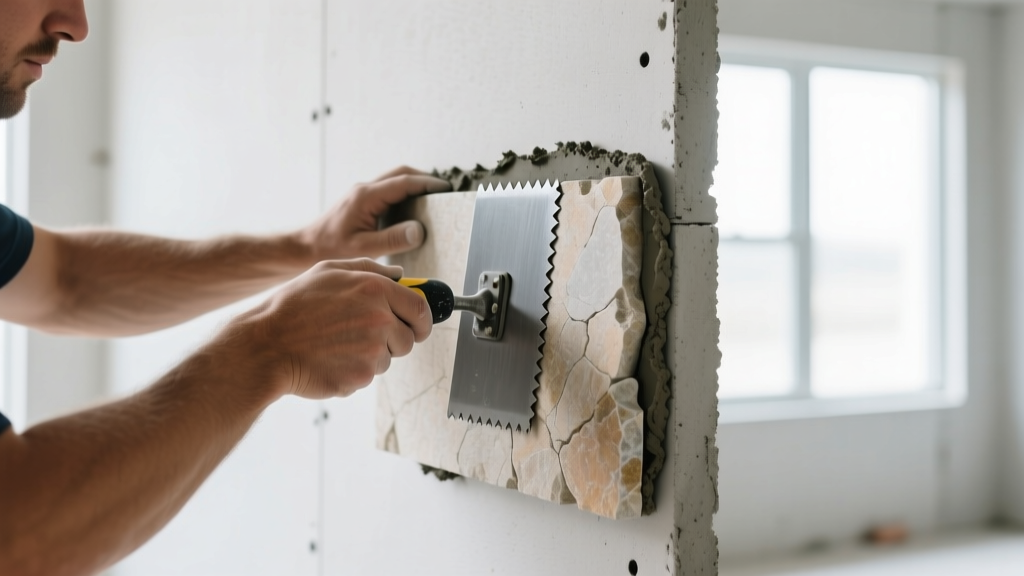 Mason applying polymer-modified thinset mortar to the back of manufactured stone veneer before pressing onto cement board wall