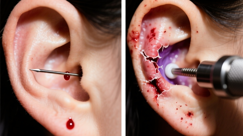 Split image showing a clean hollow needle puncture on an earlobe next to blunt force tissue trauma caused by a piercing gun.
