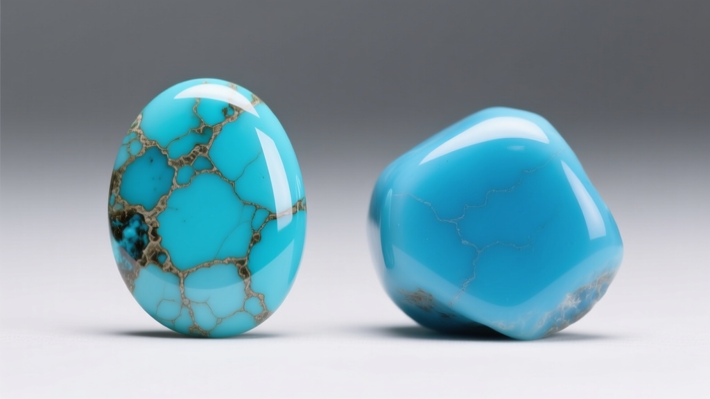 Macro photo comparing natural Sleeping Beauty turquoise cabochon with dyed howlite imitation, showing the uniform sky-blue color