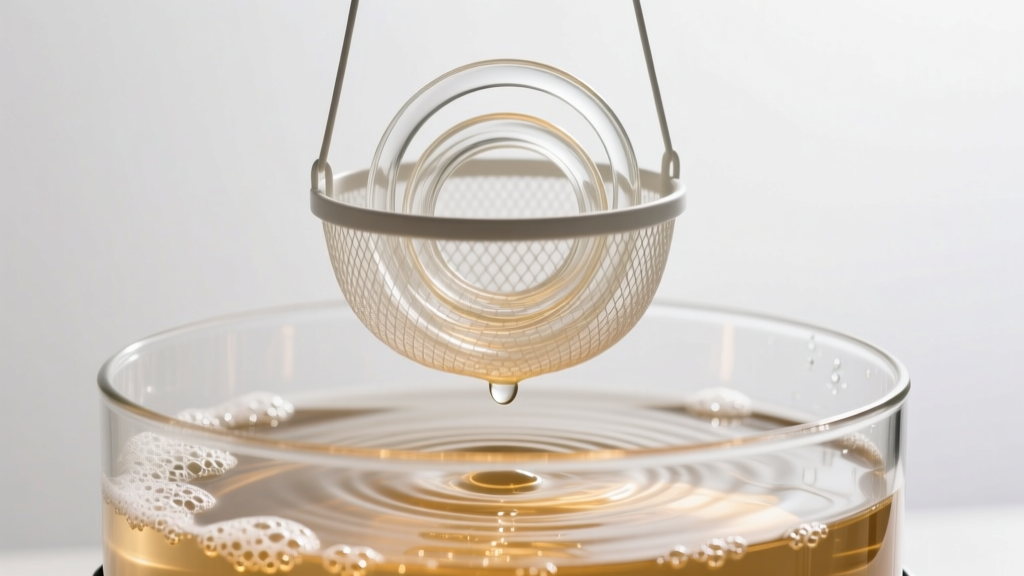 Mesh basket holding glass hoops in an ultrasonic cleaner with warm distilled water and a drop of mild, unscented liquid soap