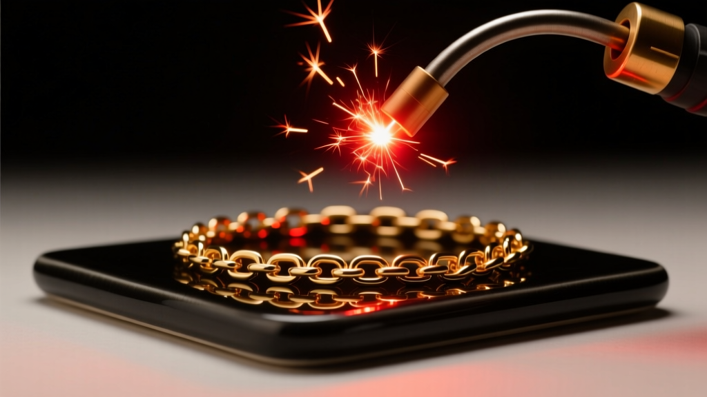 Close-up of an arc welder sparking on a delicate 14k gold chain link on a black ceramic pad under moody, warm studio lighting.