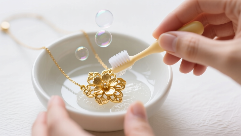 Hands cleaning a gold floral pendant necklace with a soft baby toothbrush and soapy water in a small white ceramic bowl.