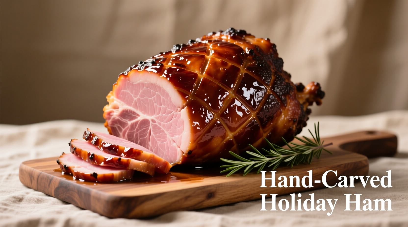 Perfectly glazed 10-pound ham resting on cutting board