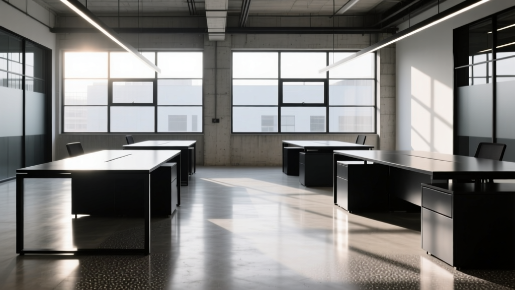 Polished concrete floors with subtle aggregate exposure in a modern industrial office space with black metal desks and large factory windows.
