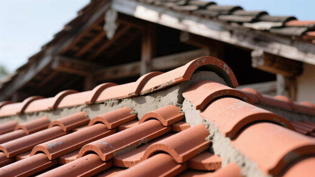 Close-up of interlocking high-profile S-shaped concrete roof tiles in terracotta red installed on a steep-pitch roof framing