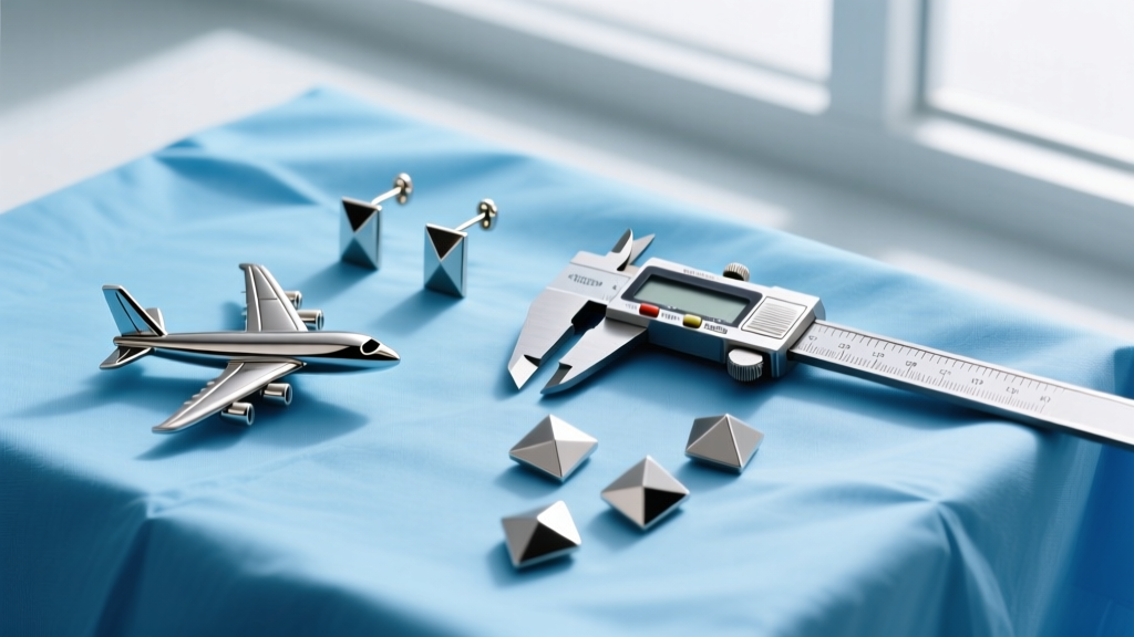Flat lay of titanium aeroplane ear cuffs and studs arranged on a sterile blue surgical drape next to digital metal calipers.