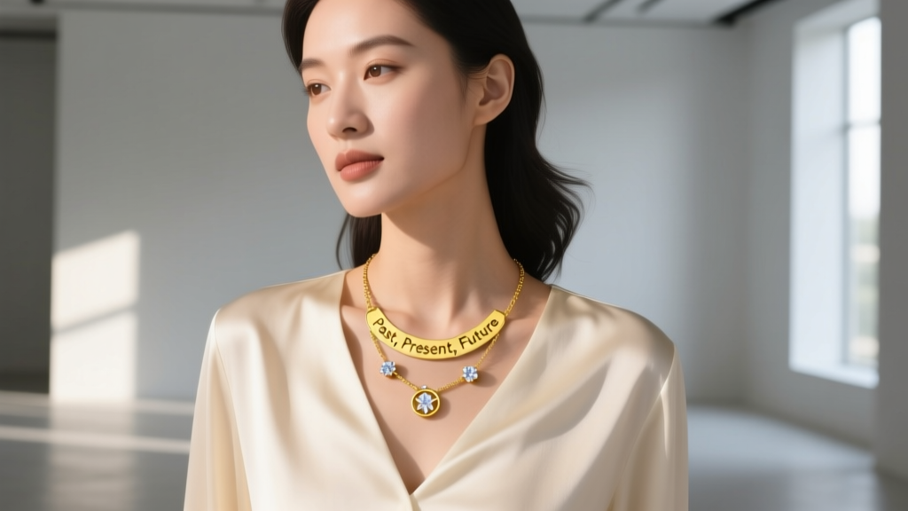 A woman wearing a delicate 14k yellow gold past present future necklace with bezel-set lab-grown diamonds over a cream silk blouse.