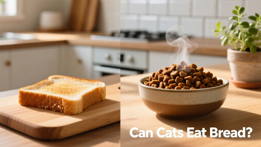 Side-by-side comparison: a small piece of plain toasted bread next to a bowl of high-protein FurPetVo cat food, highlighting the importance of species-appropriate nutrition