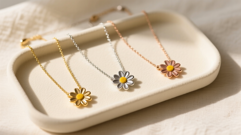 Flat lay of three daisy necklaces in varying sizes and metals, arranged on a textured cream jewelry display tray under warm light.