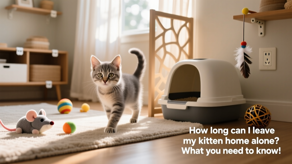 A curious 10-week-old kitten exploring a cozy, kitten-proofed living room with toys and a clean litter box nearby