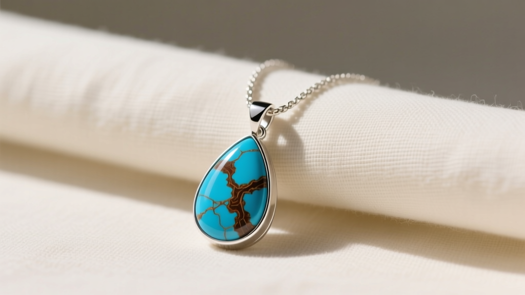Sterling silver teardrop turquoise necklace with deep blue Kingman stone and brown matrix resting on cream linen fabric.