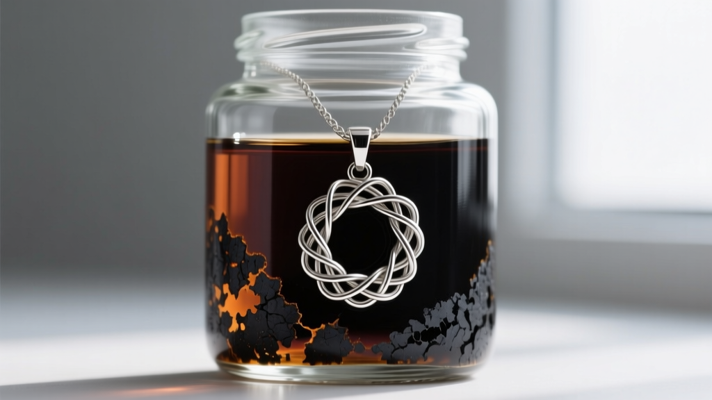 Glass jar of dark liver of sulfur solution with a sterling silver woven pendant submerged, showing highly oxidized wire crevices